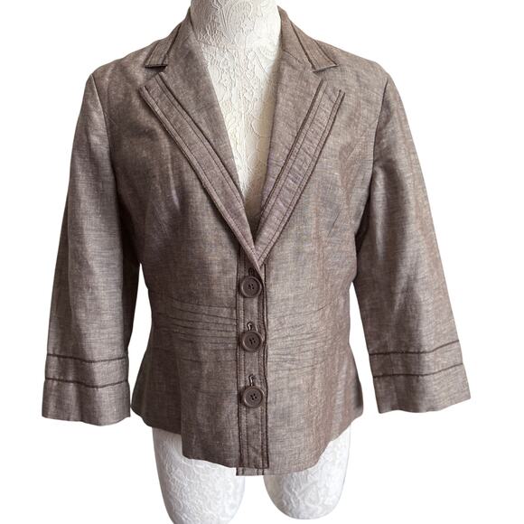 Brown Blazer Linen Blend Jacket 12 Dark Academia Preppy Fitted Coldwater Creek - Picture 2 of 12